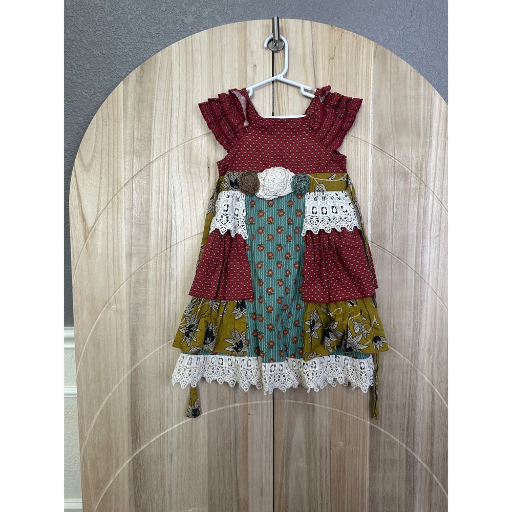 Mustard Pie Girls Patchwork Tiered Dress Ruffles Floral Applique Size 5